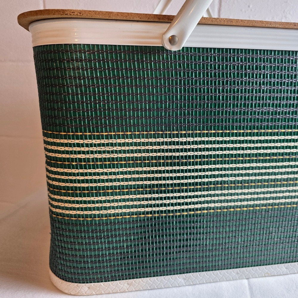 Vintage Redmon Woven Vinyl Picnic Basket Green Striped Retro MCM - Picture 2 of 15